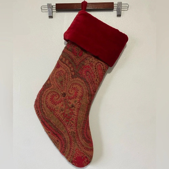 POTTERY BARN Elegant Christmas Stockings Red Paisley Jacquard Velvet - Picture 2 of 2
